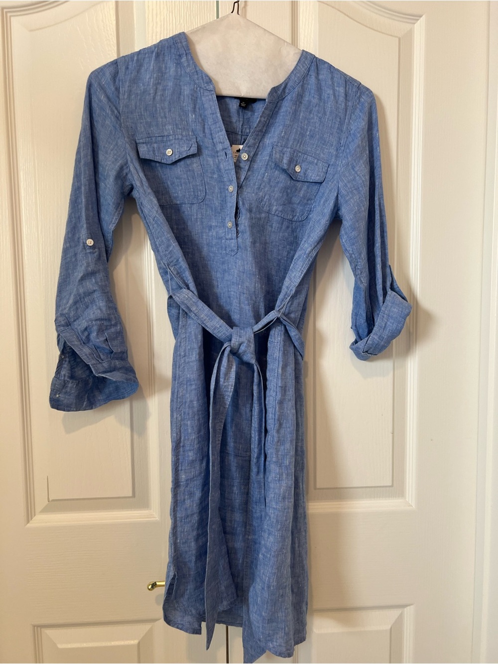 Light Blue Linen Tie-Waist Shirt Dress Talbots